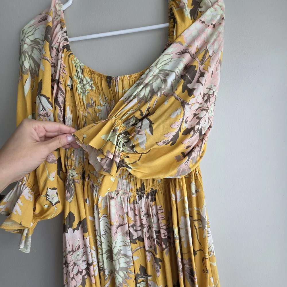 H&M Mustard Yellow Floral Smocked Off-The-Shoulder Mini Dress - Picture 5 of 12